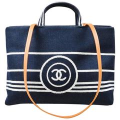 Chanel Dark Blue White Denim 'CC' Striped Shoulder Tote Bag