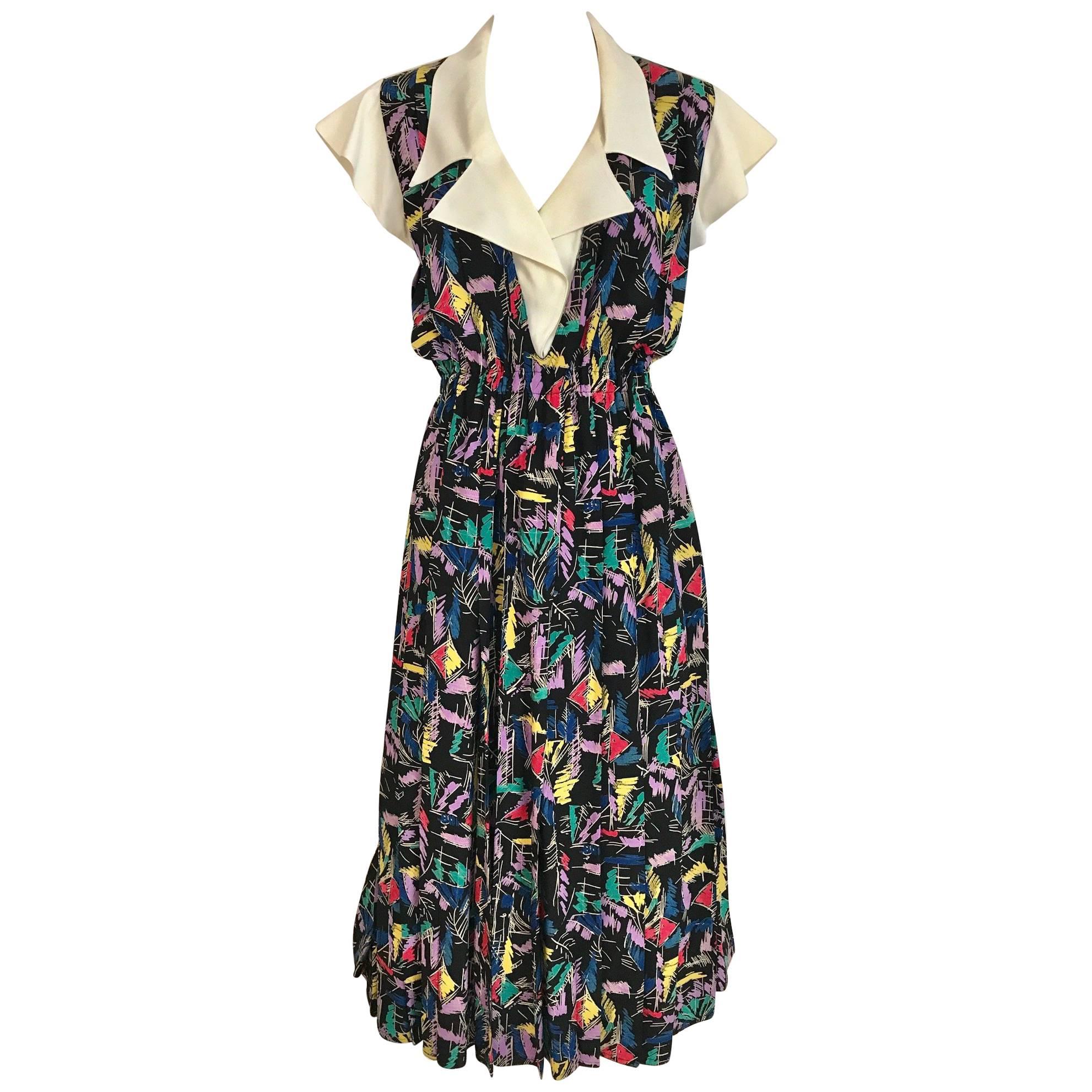 1970s CHLOE Abstract Print Multi Color Print Silk  Dress For Sale