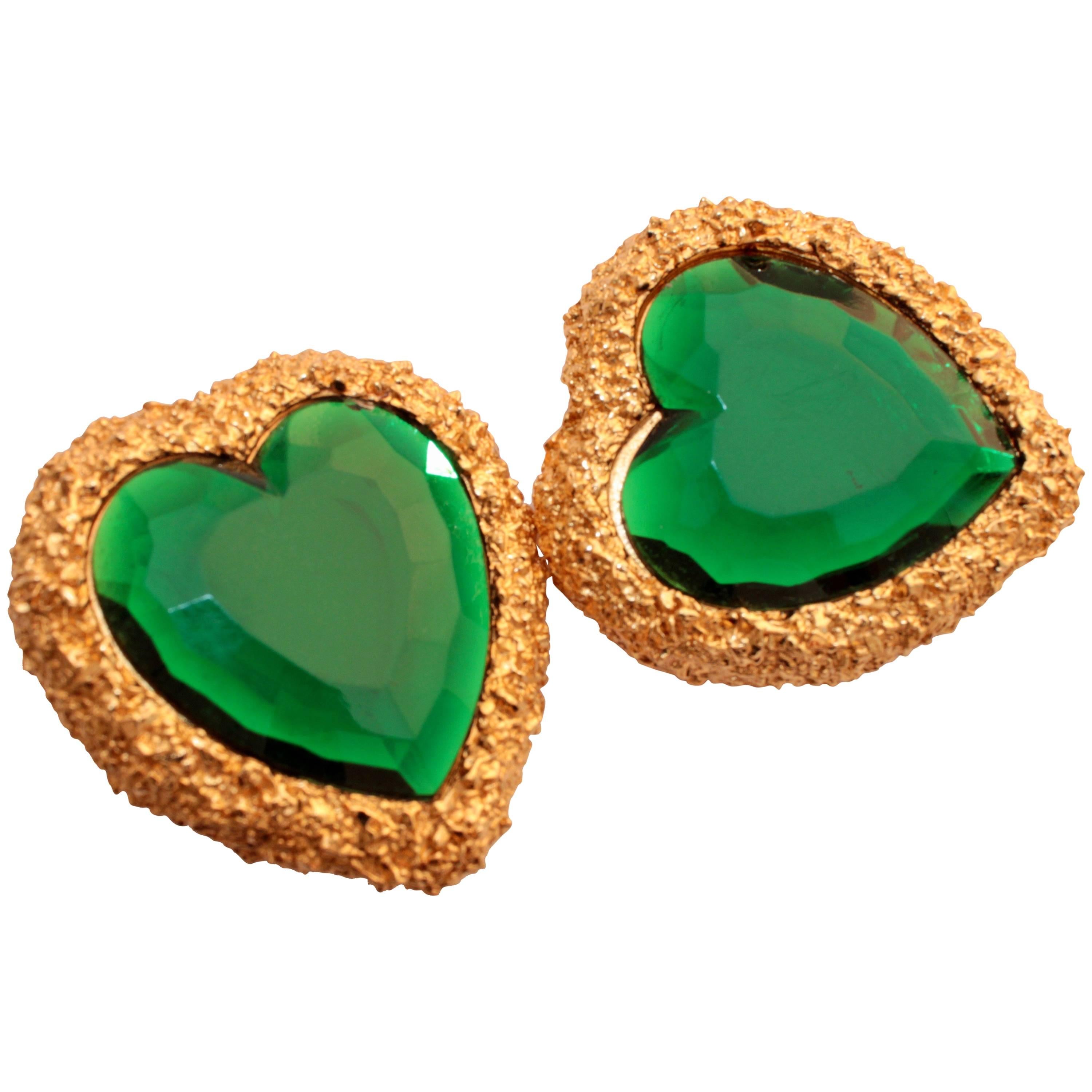 D'Orlan Earrings Oversized Heart Shape Statement Emerald Green and Gold 1980s  For Sale