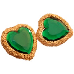 D'Orlan Earrings Oversized Heart Shape Statement Emerald Green and Gold 1980s