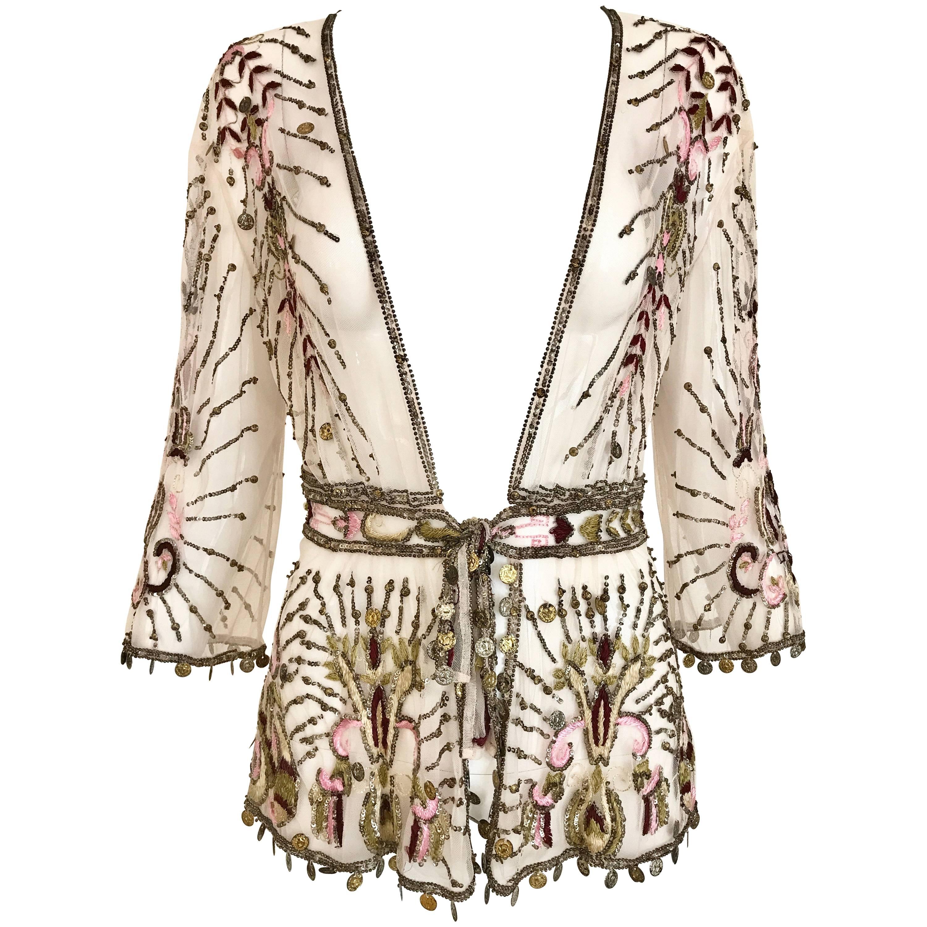 Roberto Cavalli Pale Pink Sheer Mesh Embroidered Beaded Cardigan Jacket