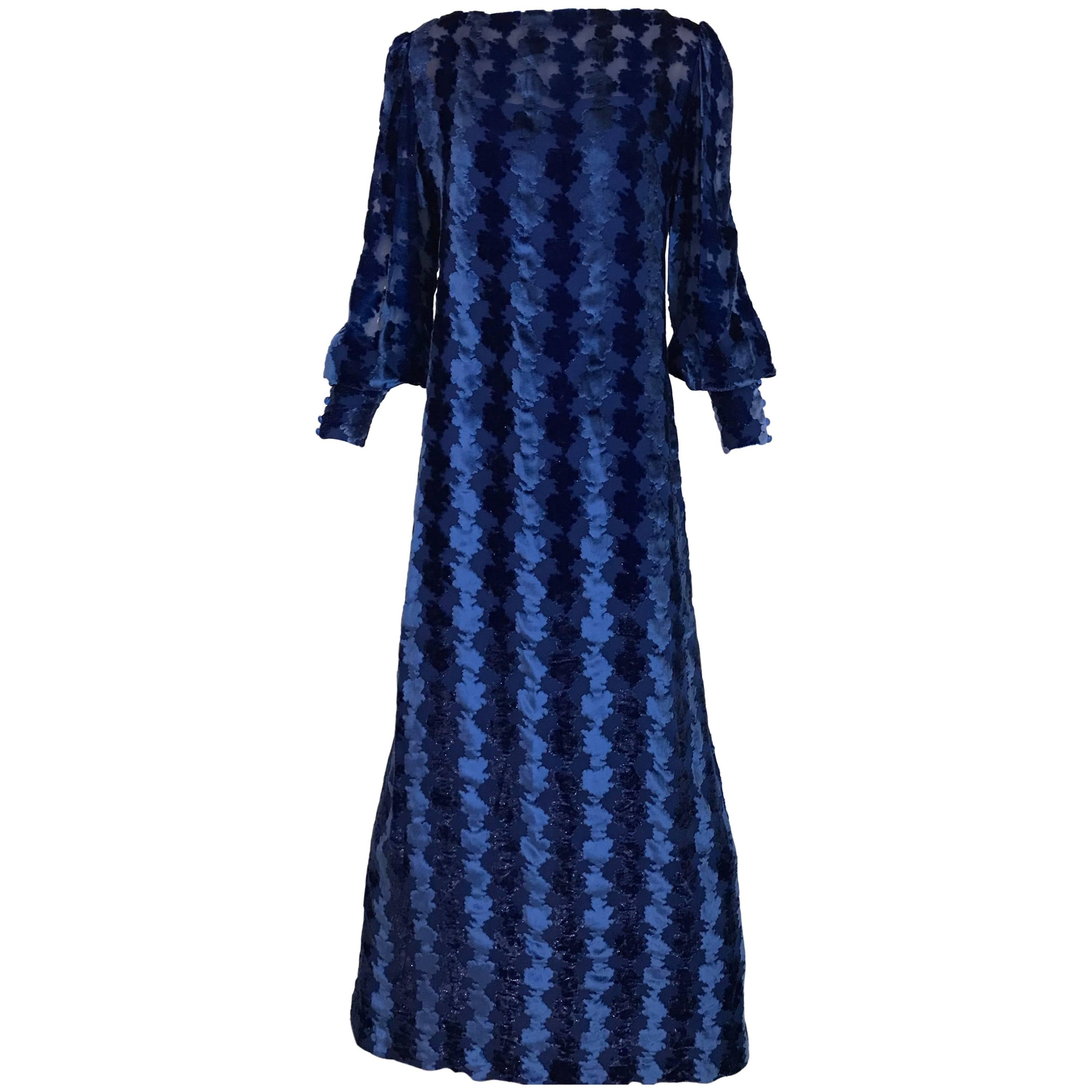 1970s Richilene Vintage Blue Velvet Devore Long Sleeve  Maxi Dress For Sale