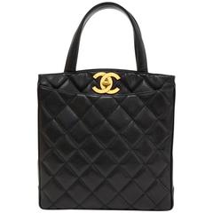 Chanel 11" Black Quilted Caviar Leather Tote Hand Bag