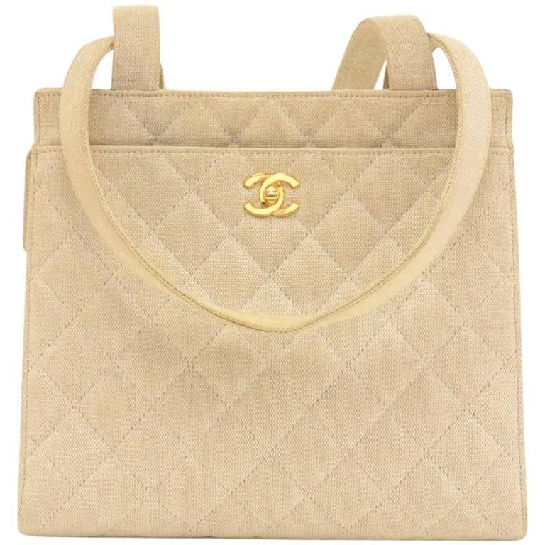 Chanel Beige Quilted Canvas Tote Shoulder Hand Bag For Sale at 1stDibs
