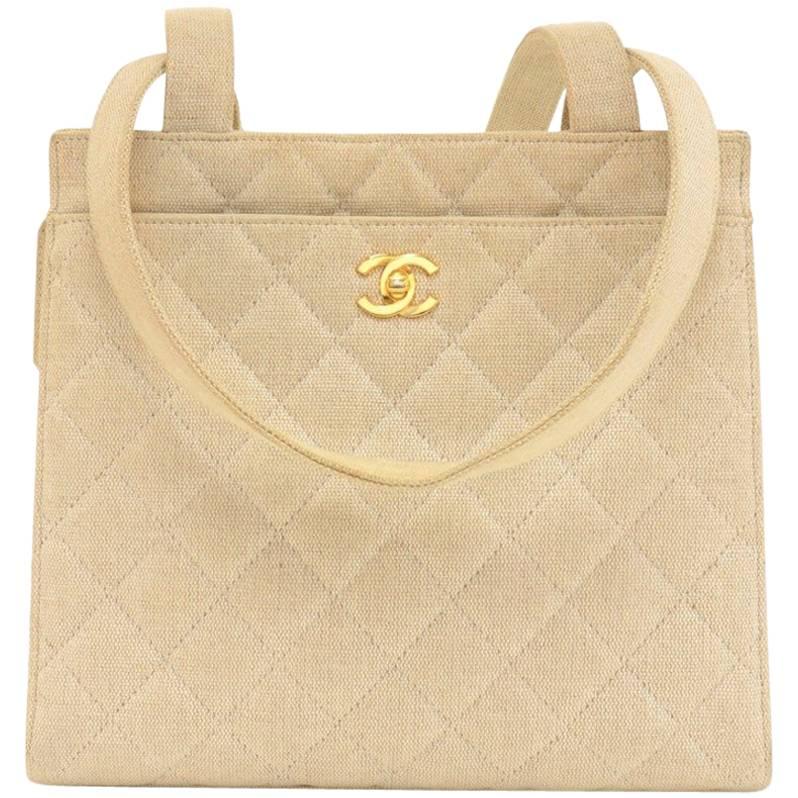 Chanel Beige Quilted Canvas Tote Shoulder Hand Bag For Sale