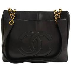 Vintage Chanel 12" Black Leather Medium Shoulder Tote Bag