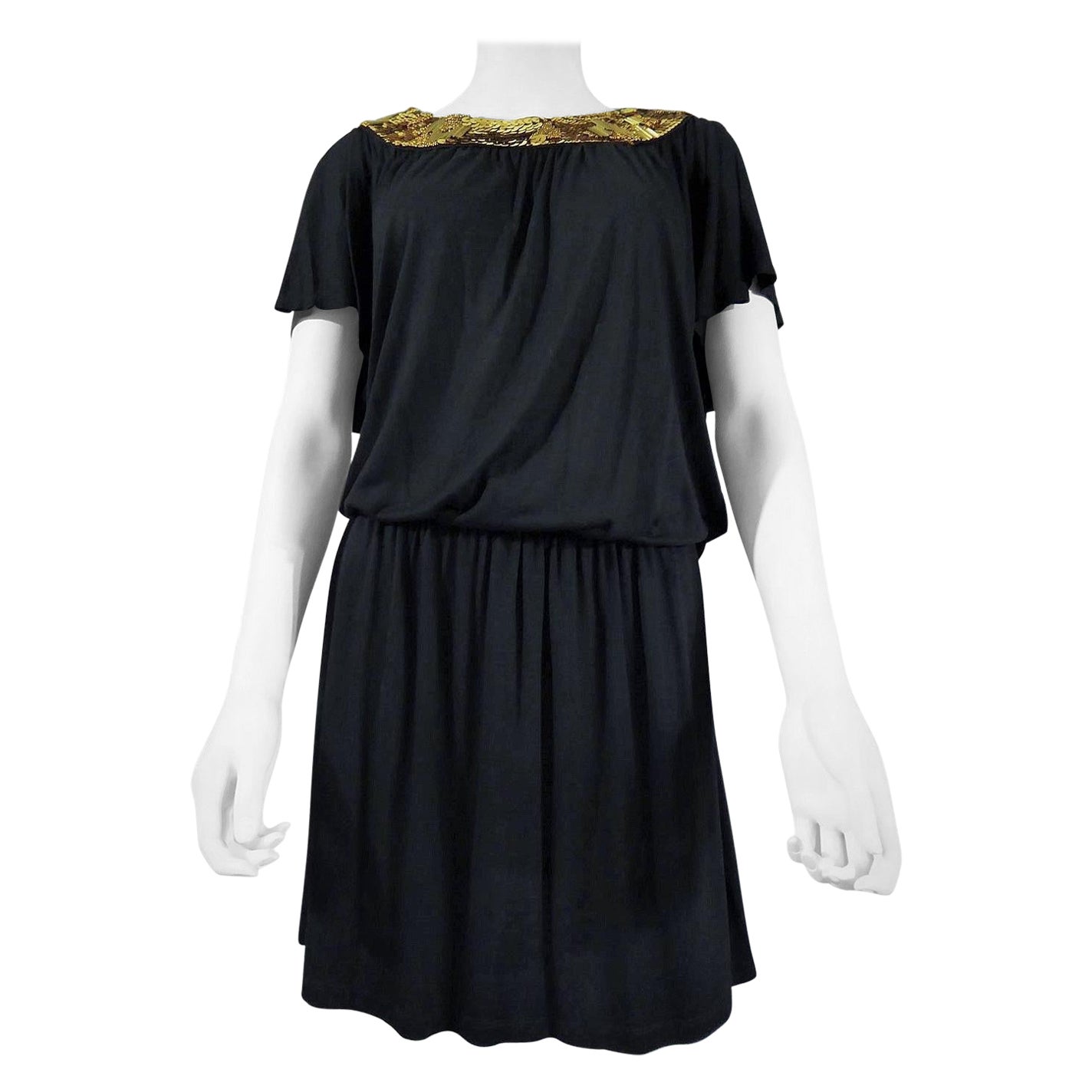 Schwarzes besticktes Biba-Minikleid, ca. 1970-1980