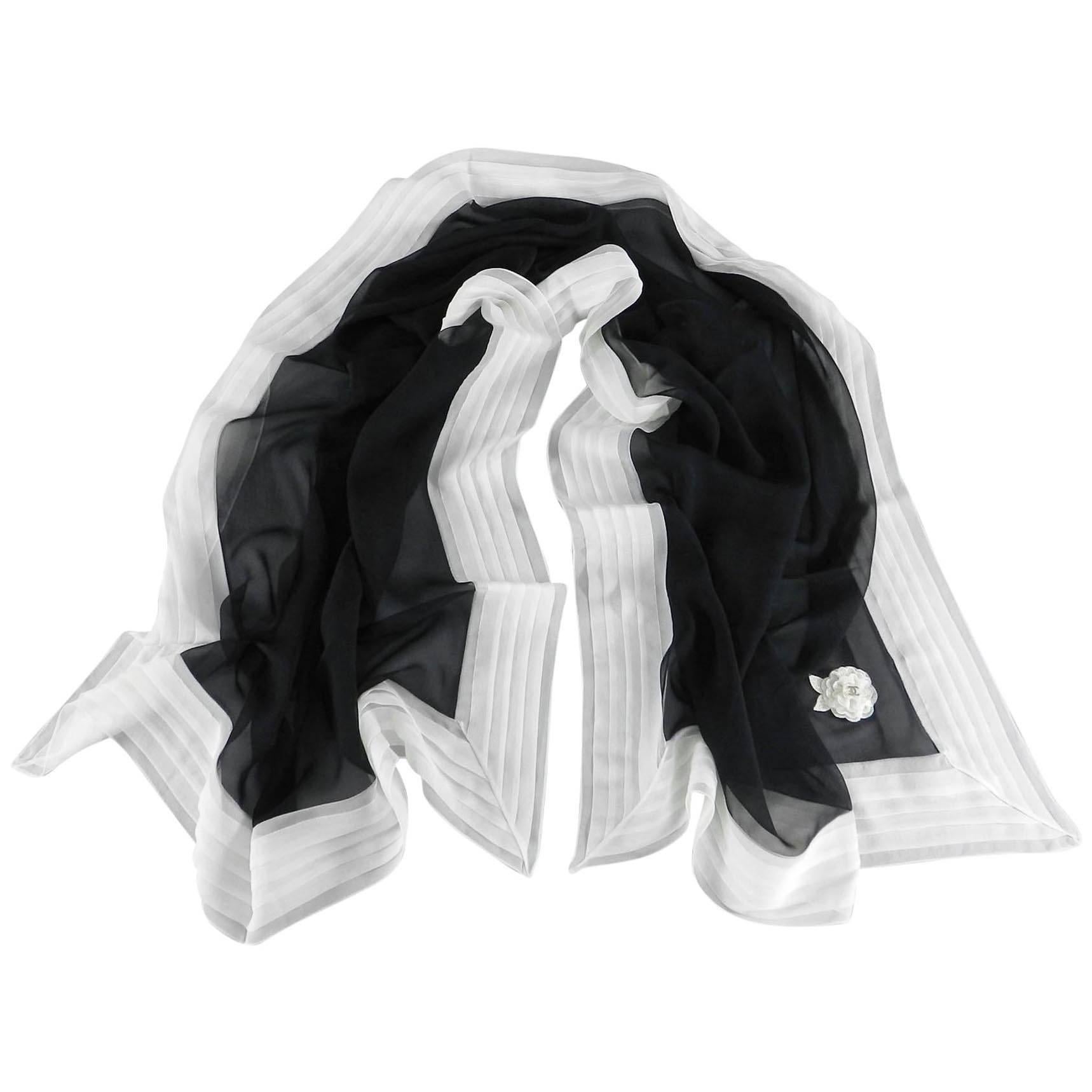 CHANEL sheer black and white silk scarf with Camelia
