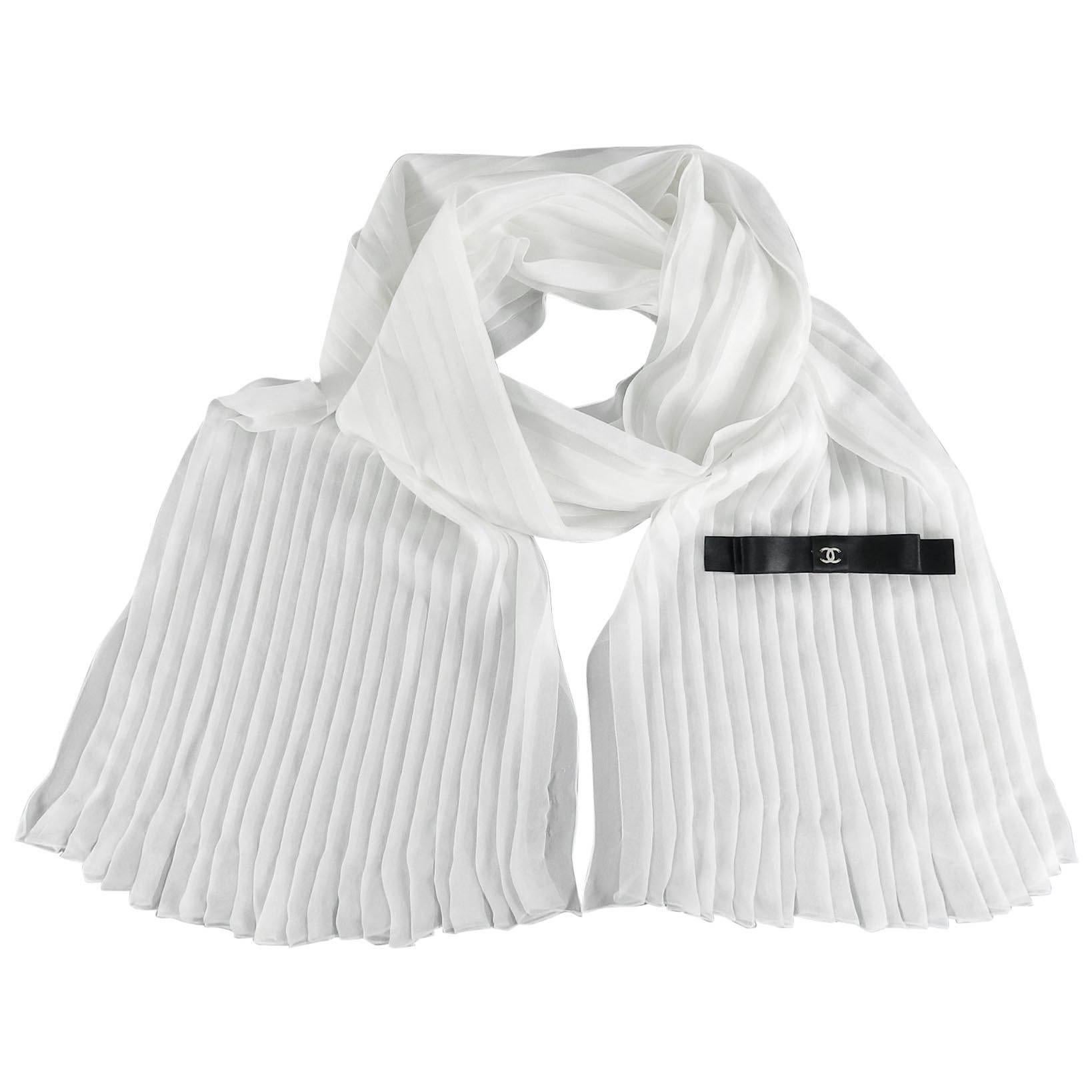 CHANEL sheer white silk pleated long scarf with Black satin Bow For Sale