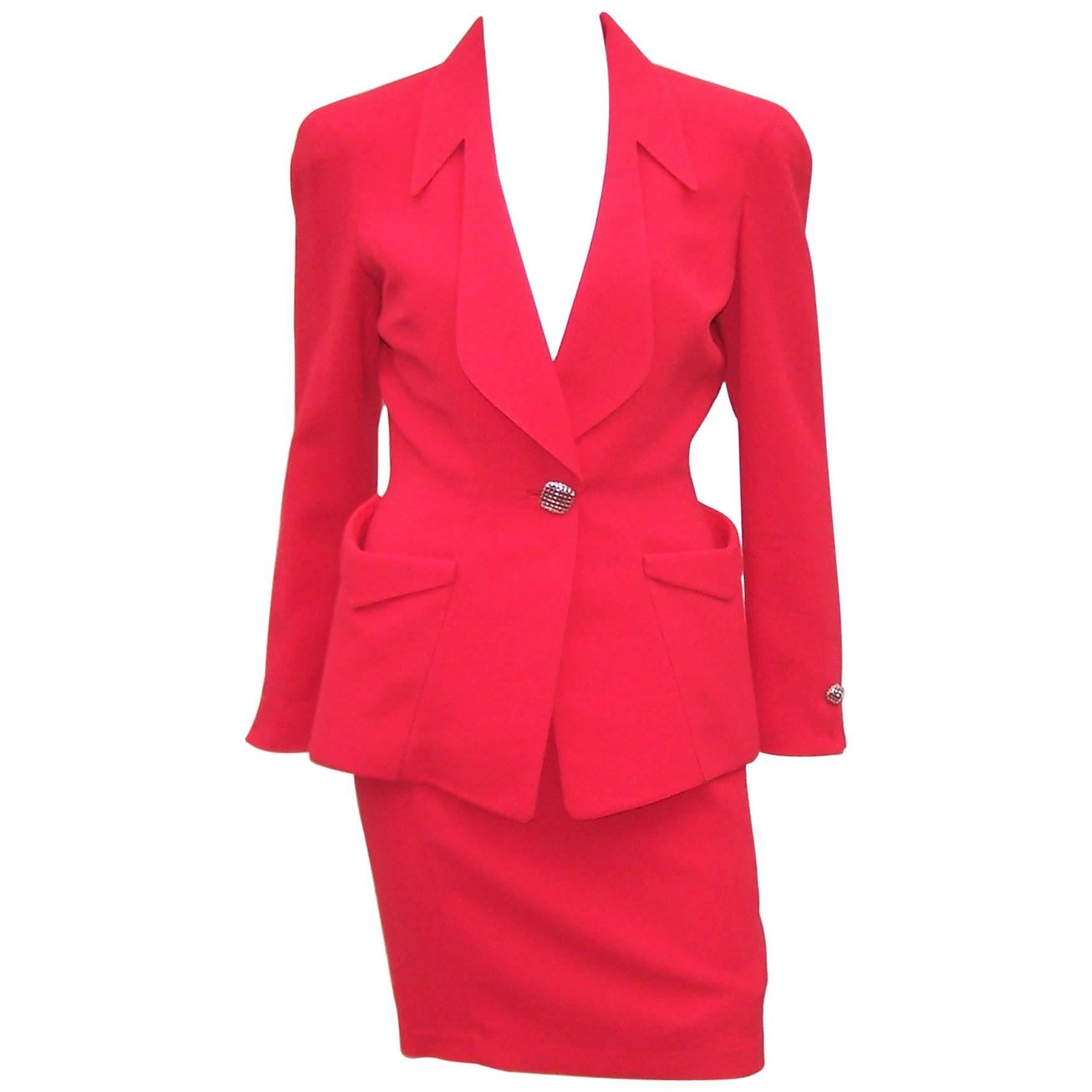 1980's Thierry Mugler Lipstick Red Suit With Silver Buttons