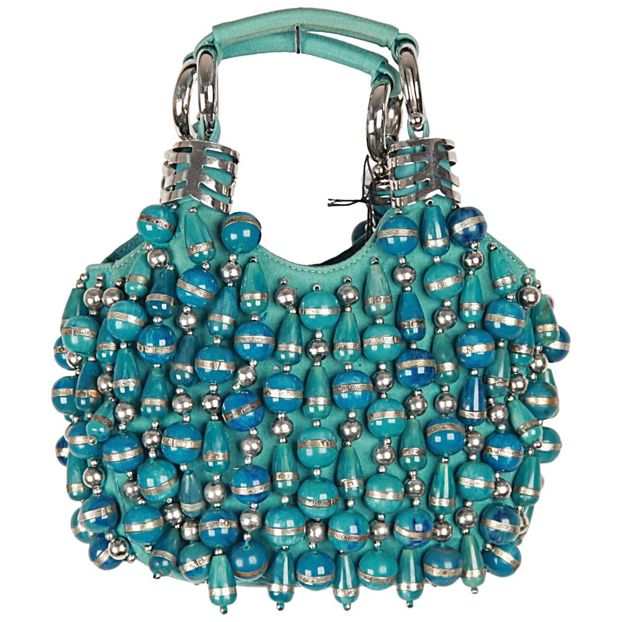 CHLOE Turquoise Canvas Beaded BRACELET BAG