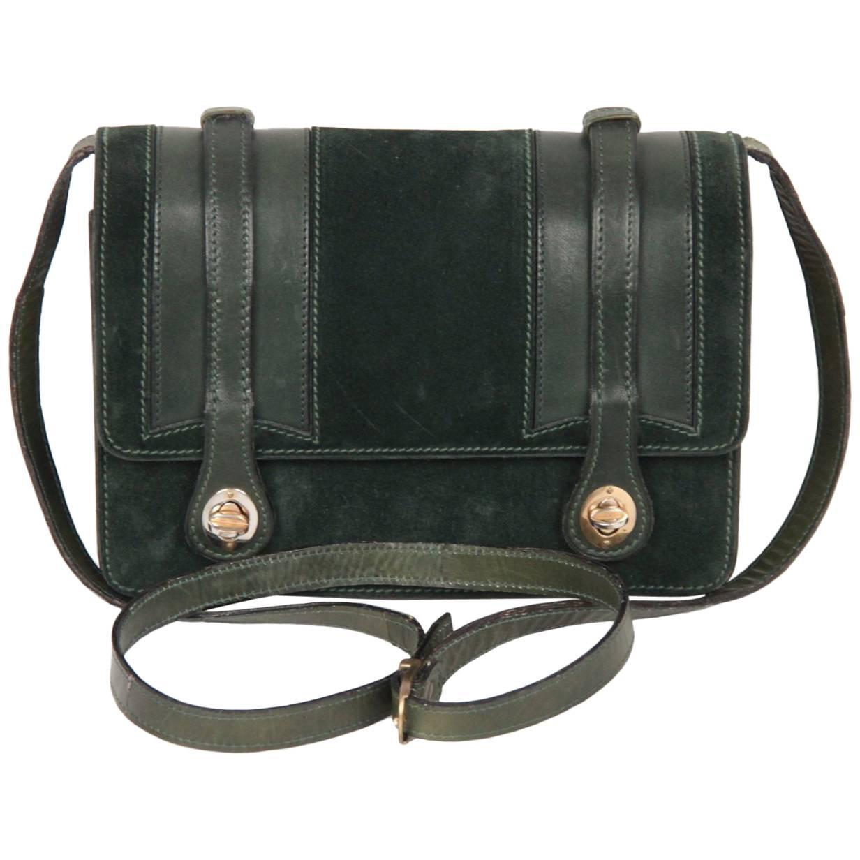 GUCCI VINTAGE Green Suede & Leather CROSSBODY BAG