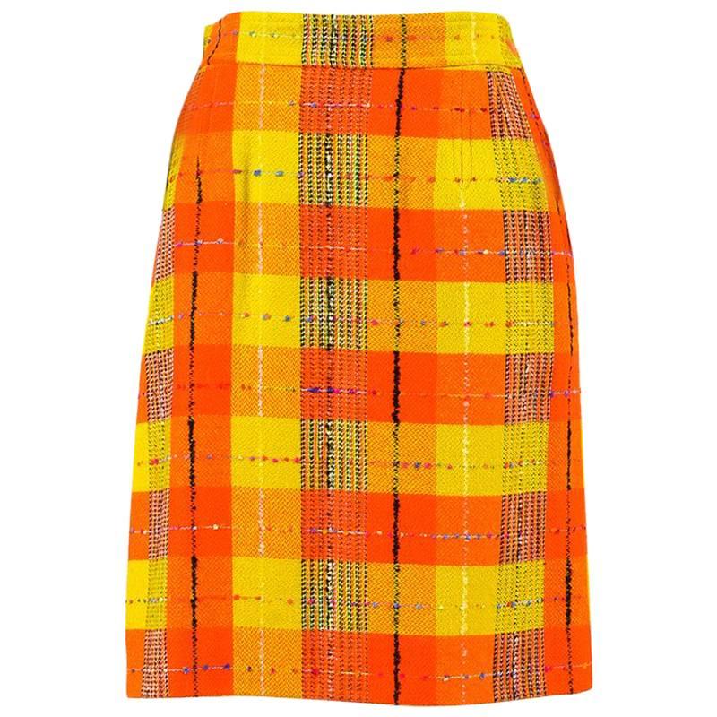 Vintage Christian Lacroix Yellow Orange Woolen Checkered Pencil Skirt SZ 40 For Sale