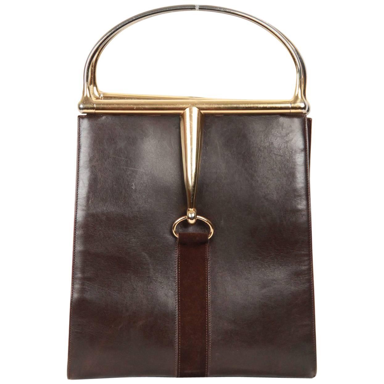 GUCCI Vintage Brown Leather HORSEBIT HANDLES TOTE Bag