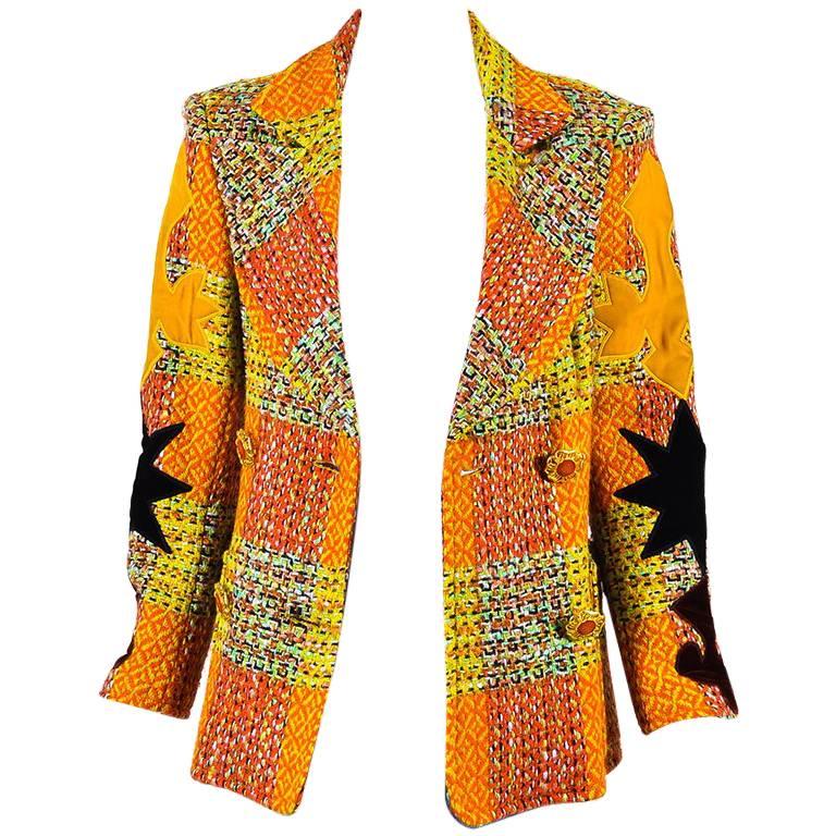 Vintage Christian LaCroix Orange Multi Tweed Velvet Trim Patchwork Jacket SZ 40 For Sale