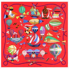 HERMES S/S 2009 Loic Dubigeon "Les Folies Du Ciel" Red Flying Machine Silk Scarf