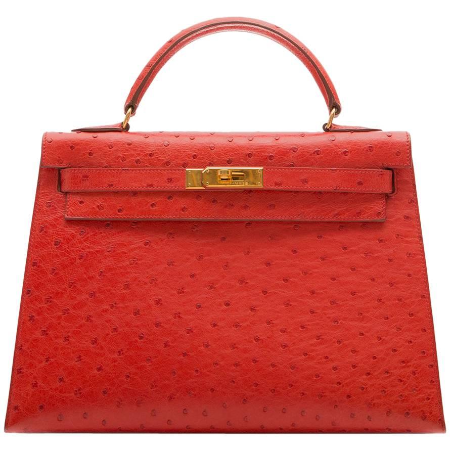Hermès Vintage ​Rouge Vif 32cm Kelly in Ostrich Leather