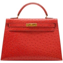 Hermès Vintage ​Rouge Vif 32cm Kelly in Ostrich Leather