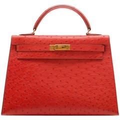 Hermès Vintage Rouge Vif 32cm Kelly in Ostrich Leather 11