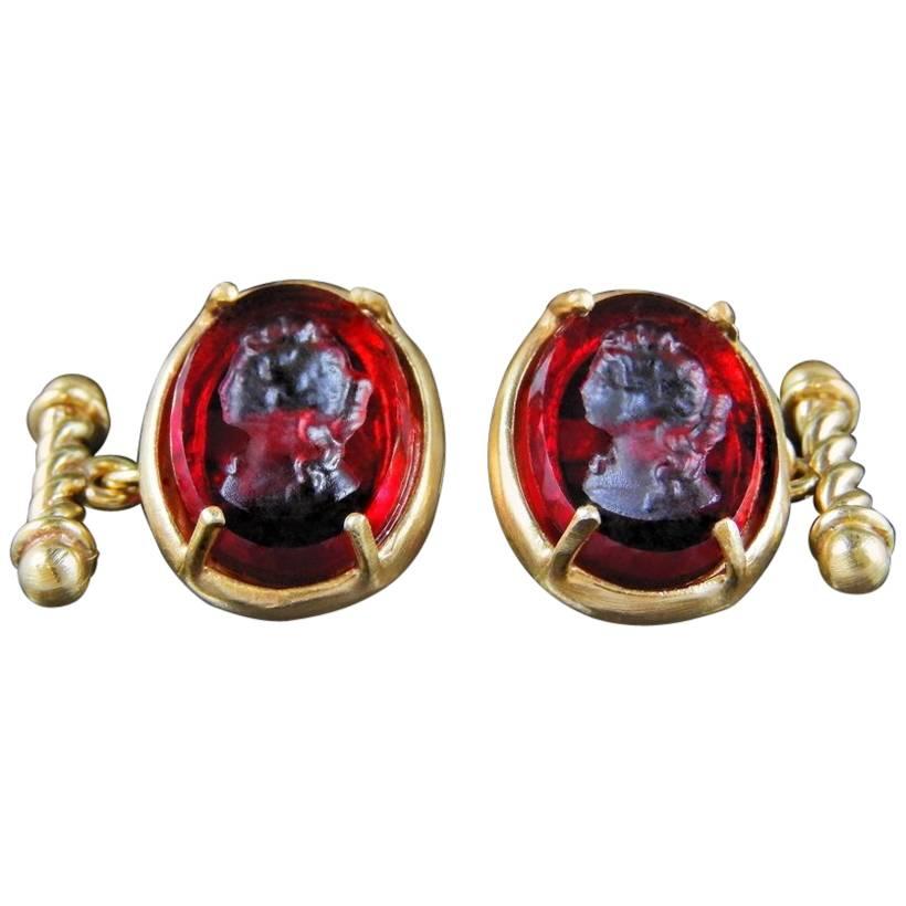 Bronze and engraved red Murano glass cufflinks