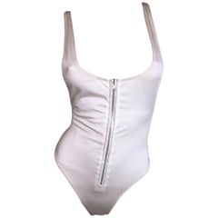 Vintage NWT 1996 Gianni Versace Ivory Crystal Zipper Swimsuit Bodysuit 