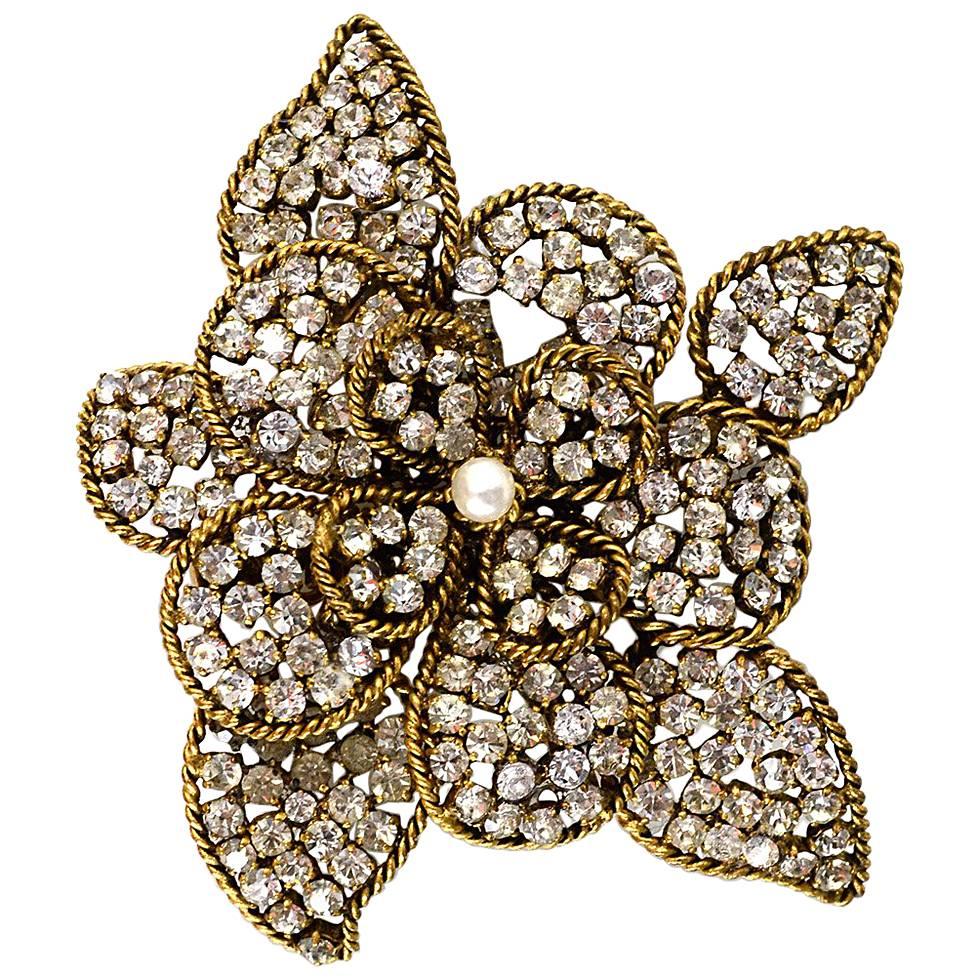 Chanel Vintage '80s Pave Crystal Flower Brooch Pin/Pendant