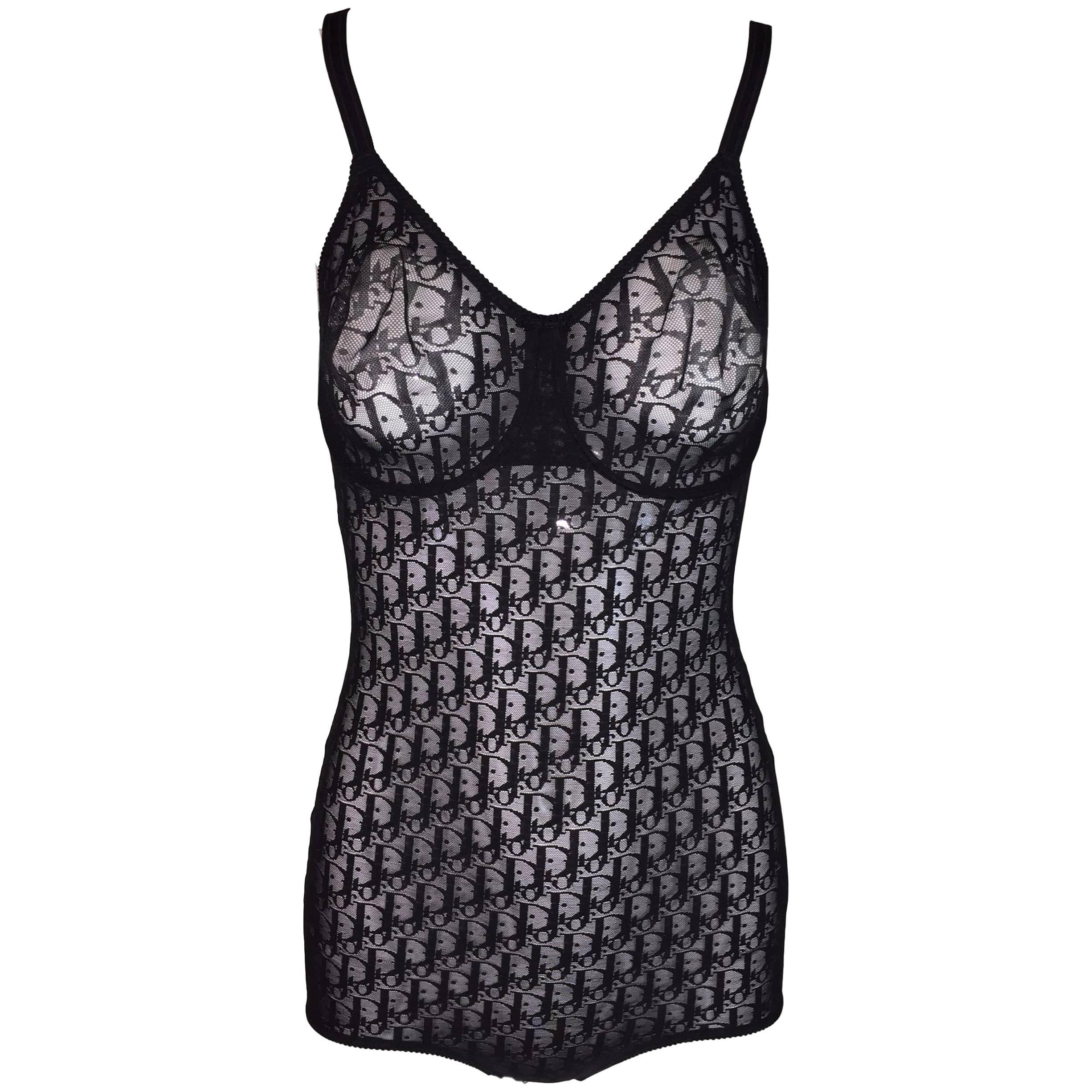 Unworn 1990's Christian Dior Monogram Sheer Black Mesh Bodysuit 38C XS/S