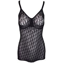 Unworn 1990's Christian Dior Monogram Sheer Black Mesh Bodysuit 38C XS/S 8
