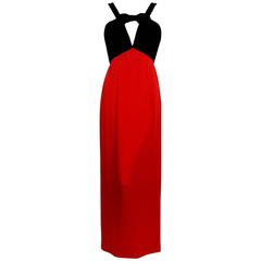 1994 Yves Saint Laurent Documented Red Silk & Black Velvet Cut-Out Plunge Gown