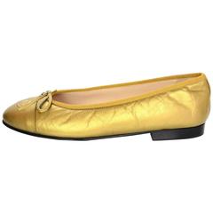 Chanel NEW IN BOX Gold Leather Ballet Flats Sz 37