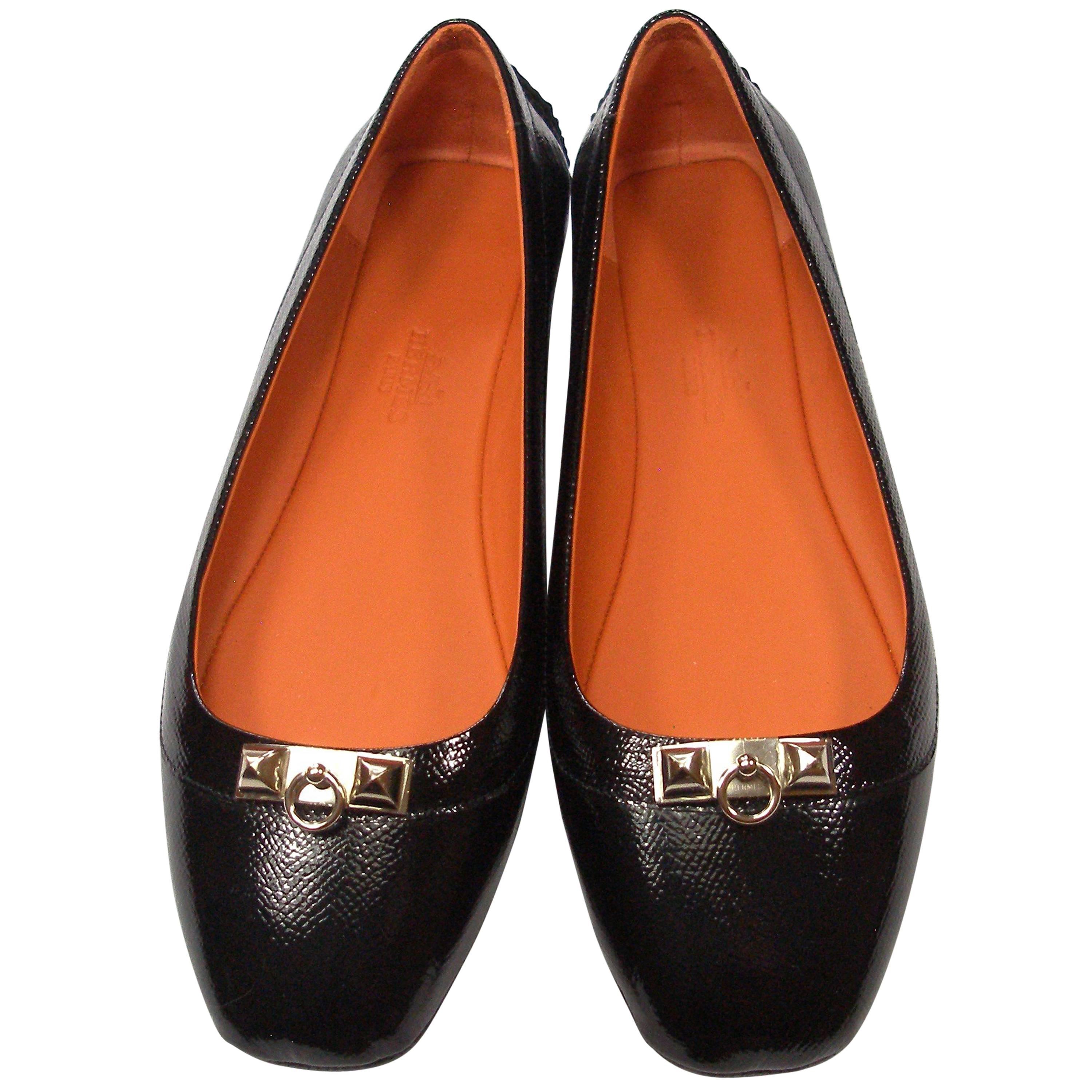 Hermes Black Patent Epsom Leather Liberty Flats Size Europe 38 / BRAND NEW 