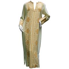 Exotic Gold and Cream Embroidered Cotton Caftan c 1970s