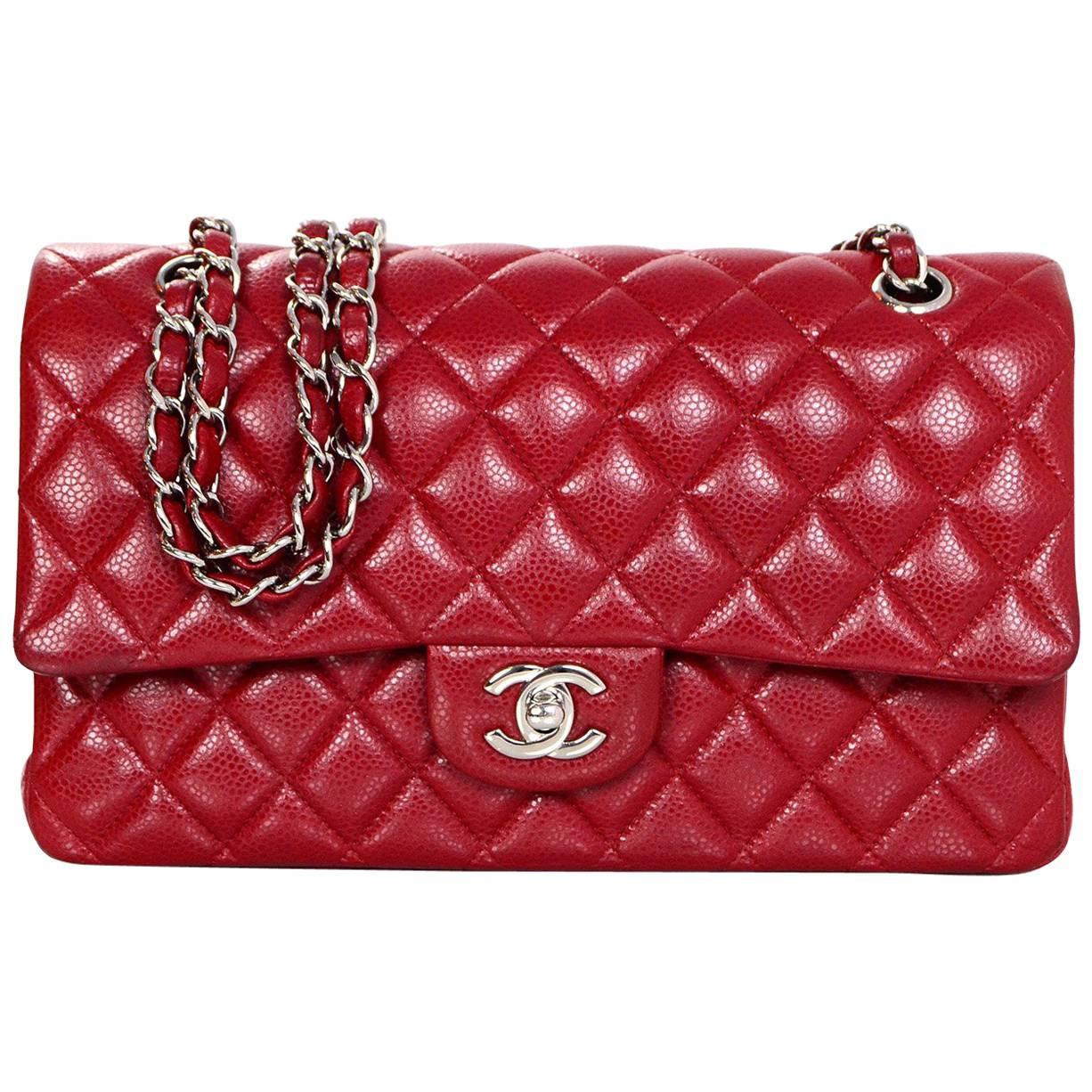 Chanel Red Quilted Caviar Classic 10" Medium Double Flap Bag