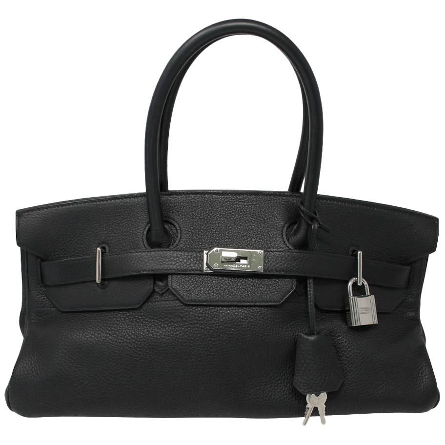 Hermes 42cm Noir Taurillon Clemence Shoulder Birkin Argente Palladium JPG