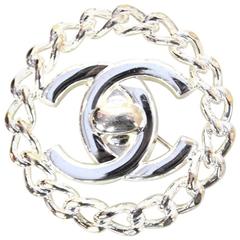 Chanel Silvertone CC Brooch w. Chain Border 7