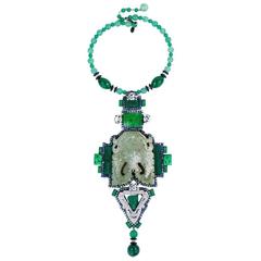 Huge Larry Vrba Deco Style Pendant Necklace with Faux Jade 