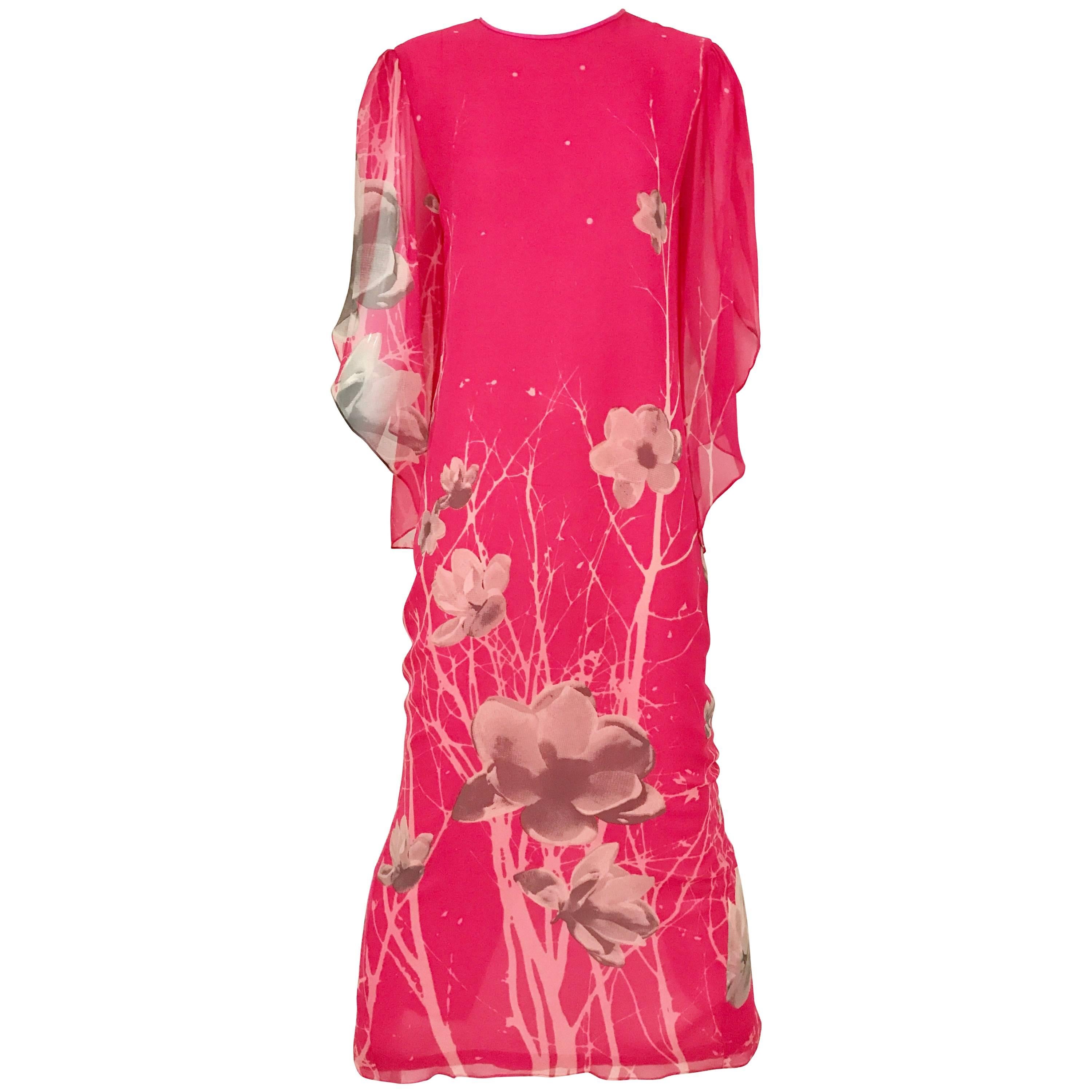 1970s Hanae Mori Hot Pink Maxi Print Dress