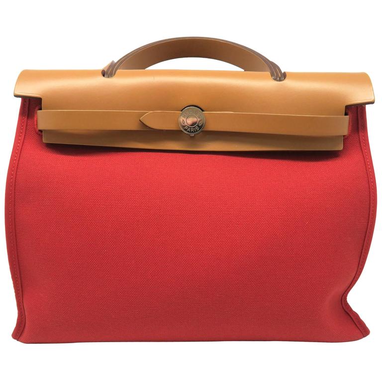 Hermes Herbag PM Red / Rouge Tomate Toile H Linen Satchel Bag For