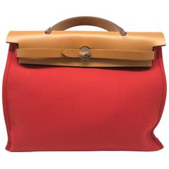 Hermes Herbag PM Red / Rouge Tomate Toile H Linen Satchel Bag