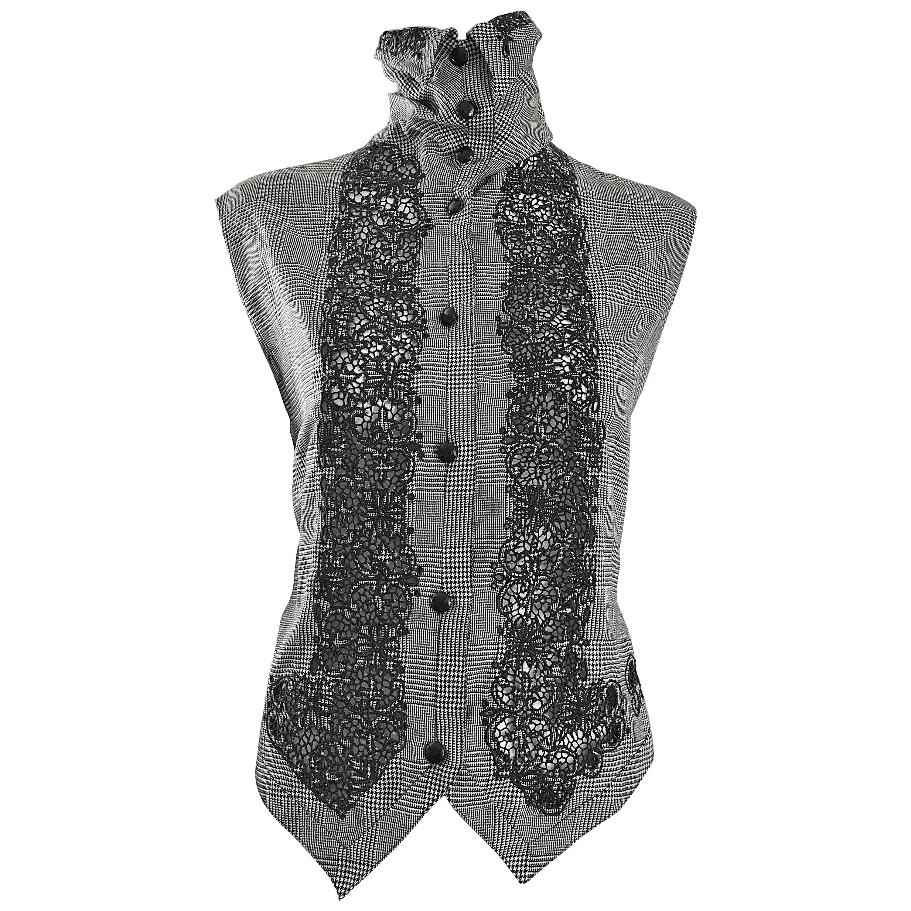 Rare Early Gianni Versace Black and White Houndstooth Plaid Embroidered Vest Top For Sale