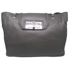 Chanel Grey Calfskin Leather Silver Metal Chain Shoulder Bag