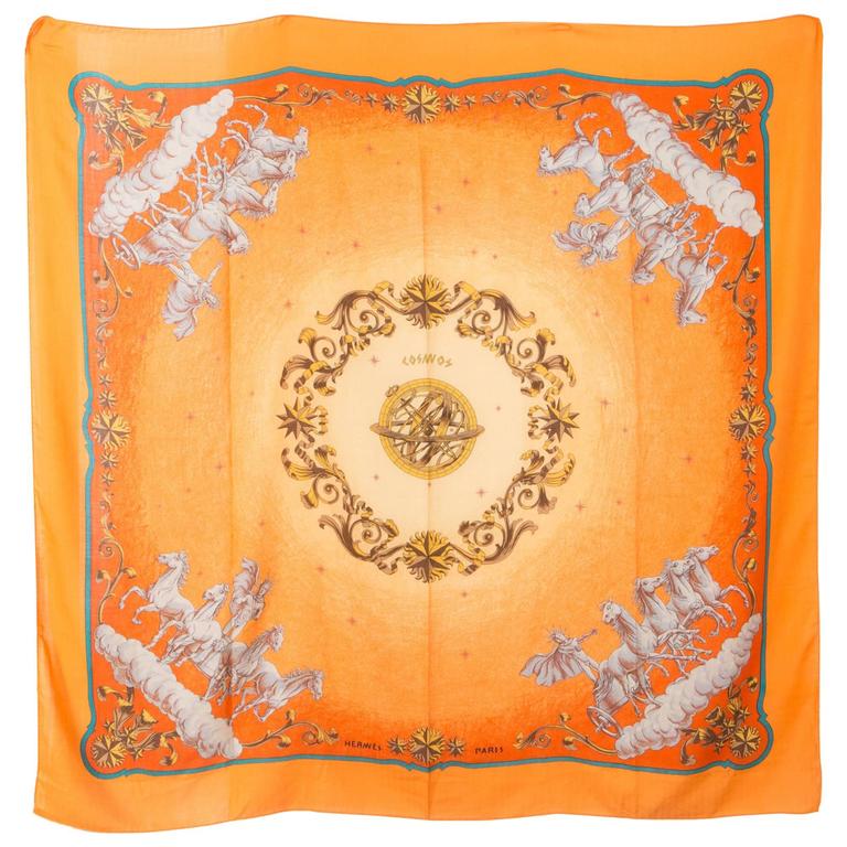 Large Hermes Orange Cosmos Cashmere Silk Shawl 55''X 55" For Sale at