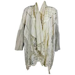Vintage pieced natural linen and crochet lace cocoon coat Cache 1980s 4