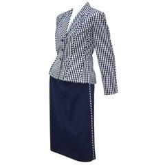 Vintage Crisp 1970's Bill Blass Blue & White Gingham Skirt Suit