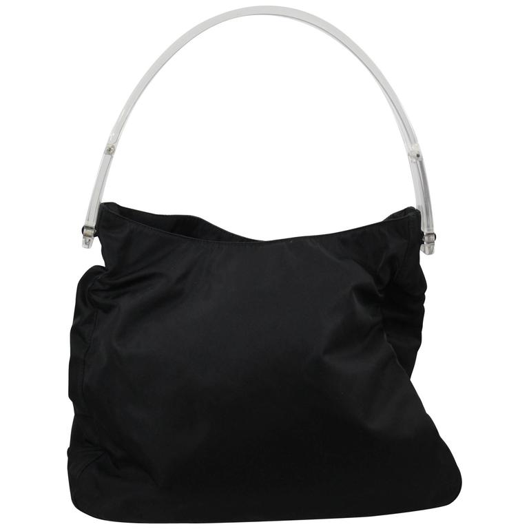Prada Iconic Plexi Handle Black Canvas Bag For Sale at 1stDibs
