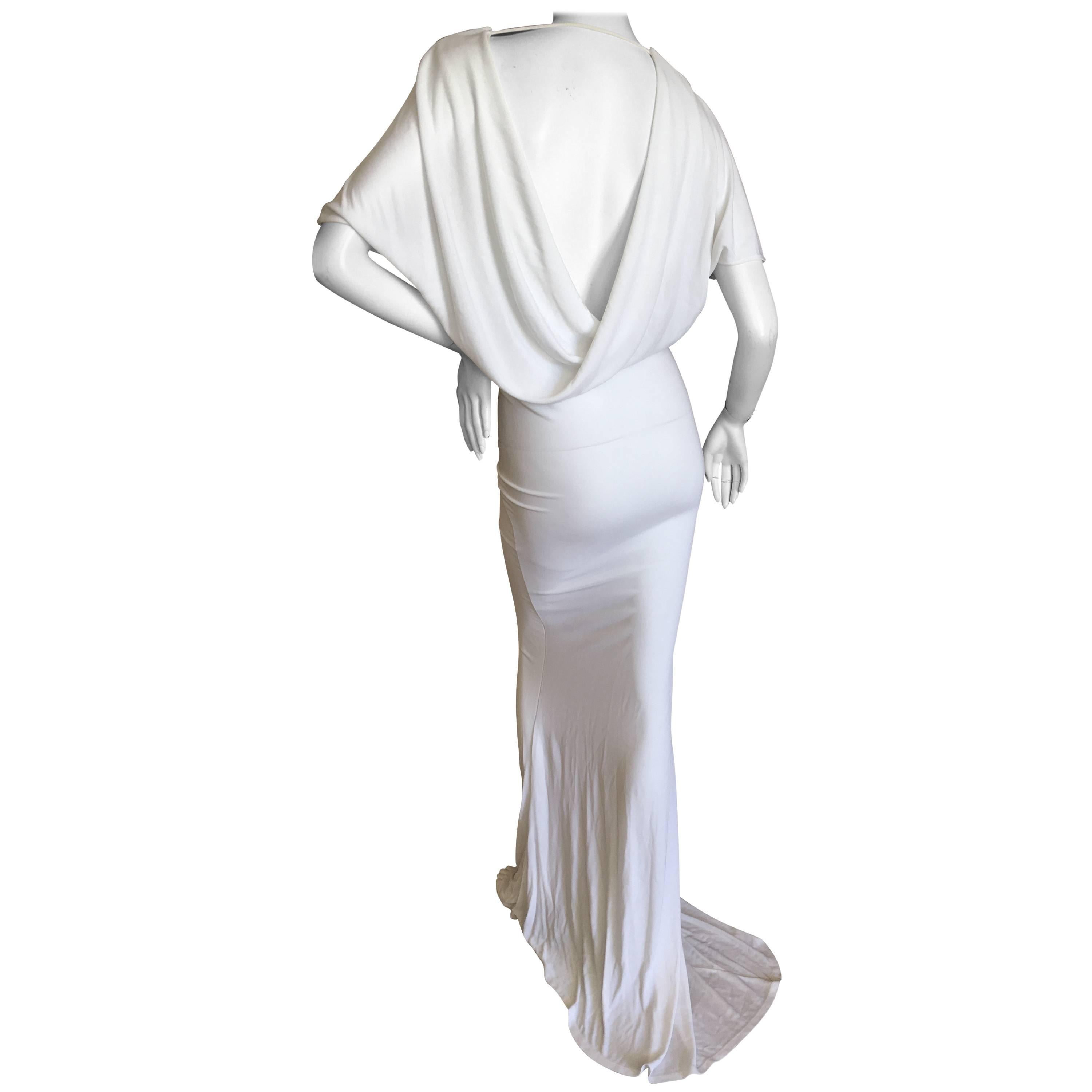 John Galliano Vintage Draped Back White Goddess Gown with Train For Sale