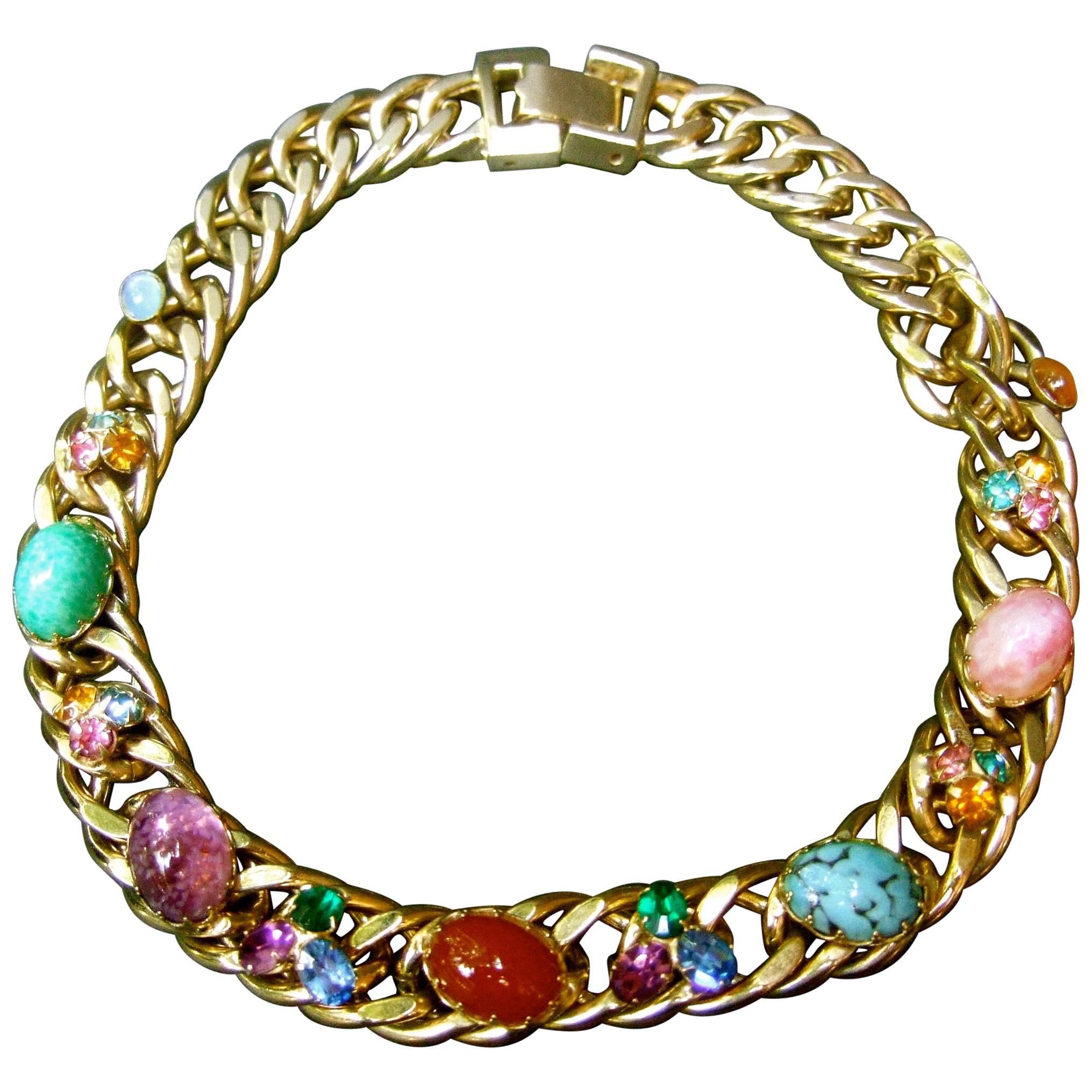 Kafin New York Glass Stone Choker Chain Necklace c 1970