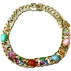 Vintage Kafin New York Glass Stone Choker Chain Necklace c 1970