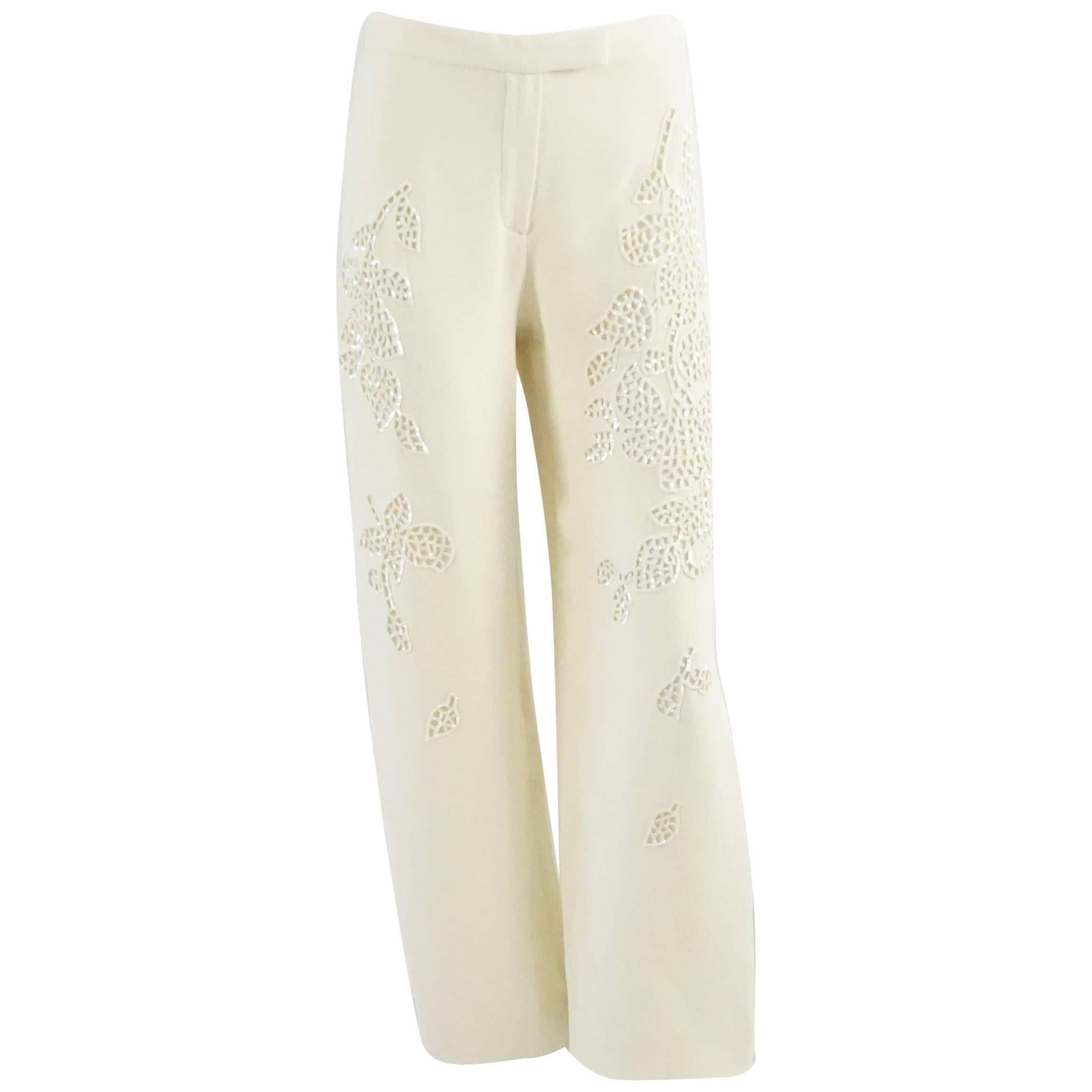 Armani Ivory Silk Palazzo Pants with Sequin Cutout Embroidery – 6