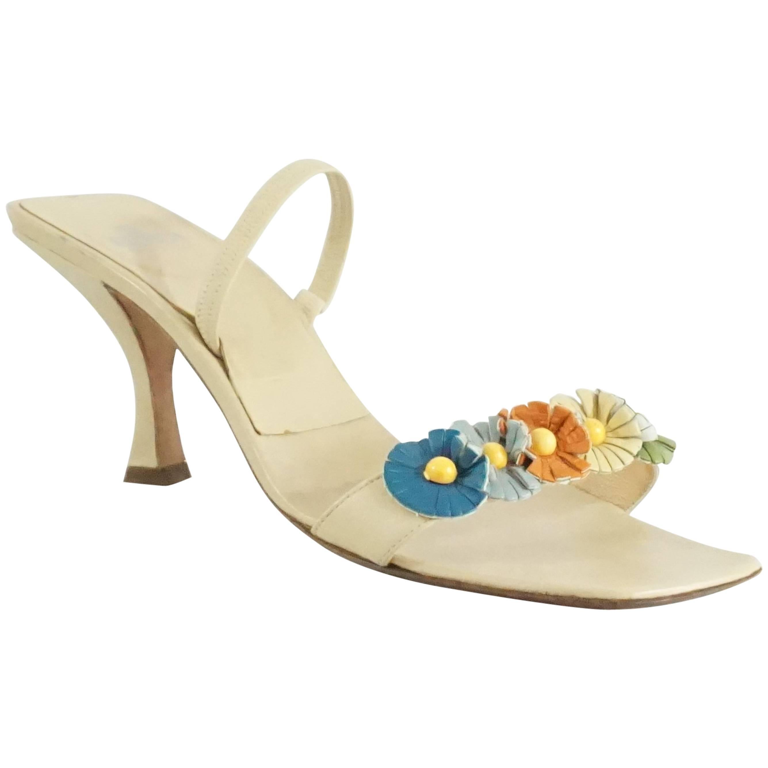 Fendi Beige Leather and Multi Floral Sandals - 7.5 For Sale